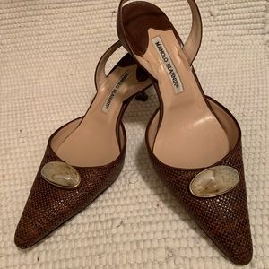 Manolo Blahnik Brown Slingback Kitten Heel, Size 40.